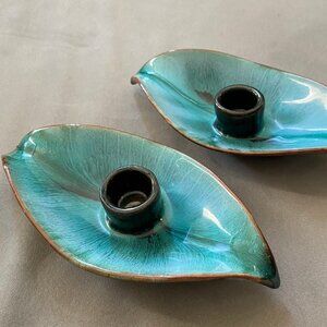 Two BMP Vintage Blue Ceramic Candle-holders tree leaf shaped 6 inch